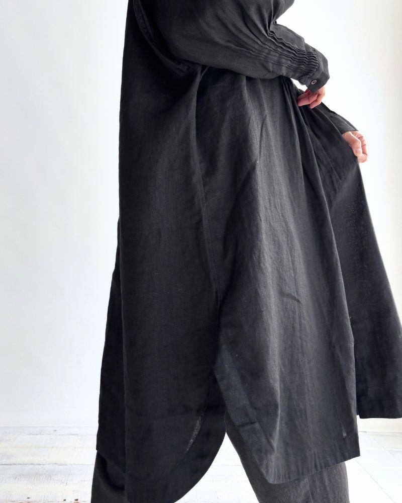 Linen Tuck Shirt Dress in Black