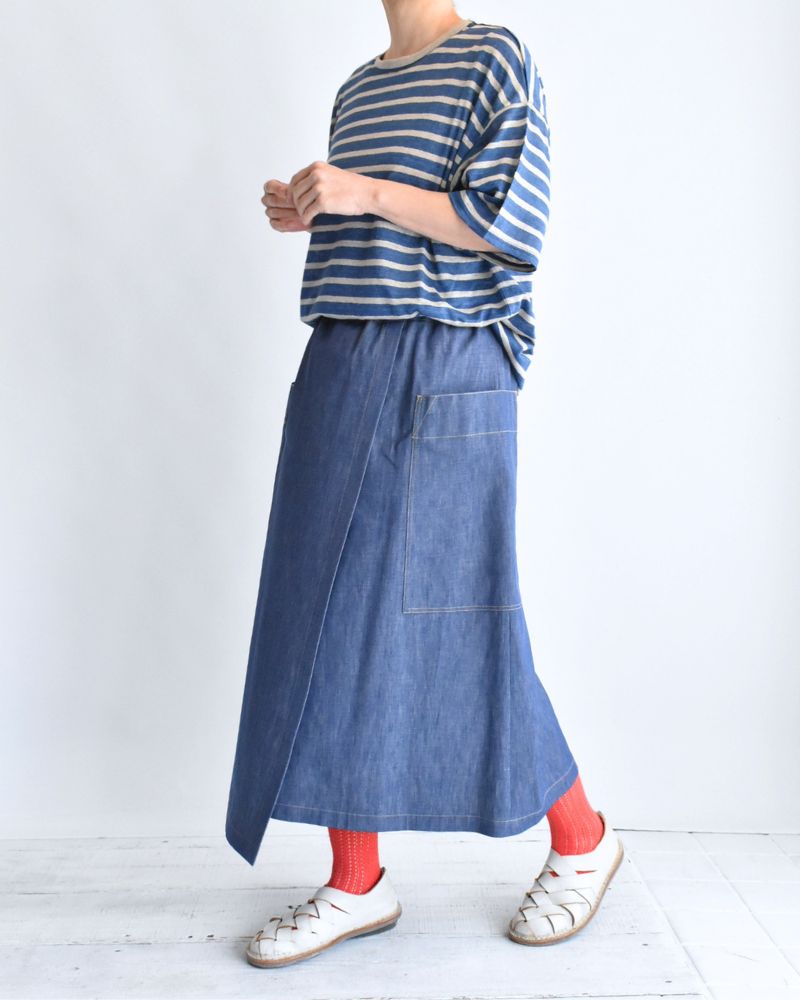 Linen Jersey Border Pullover in Blue/Natural
