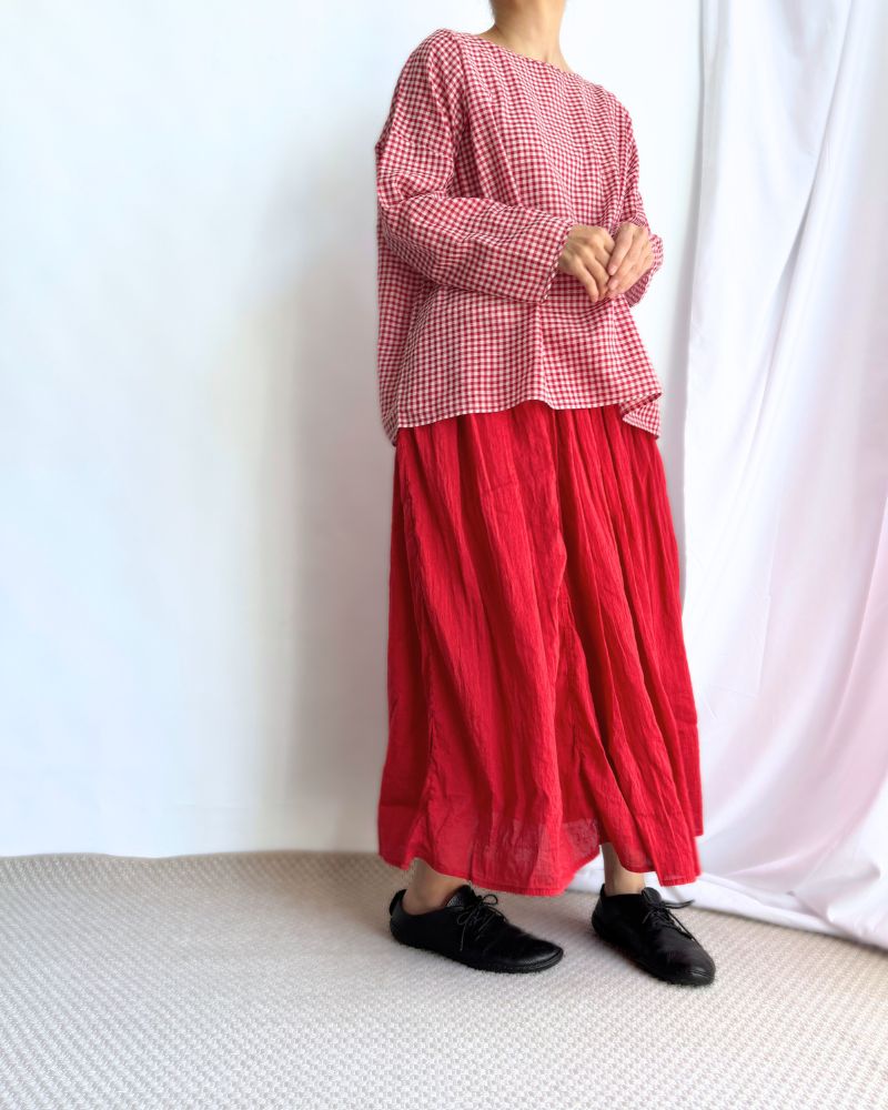 HANDWOVEN COTTON/SILK GINGHAM CHECK DROP SHOULDER SMOCK in Red