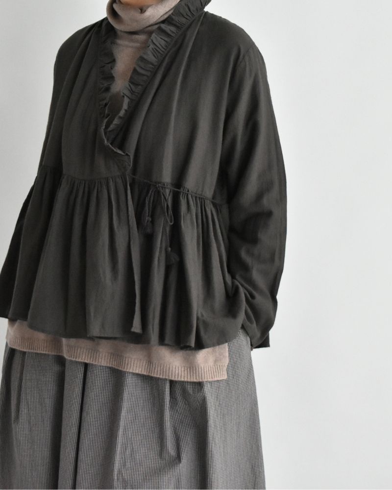 Twill Cotton Khadi Plain Frill Cache Coeur in Charcoal