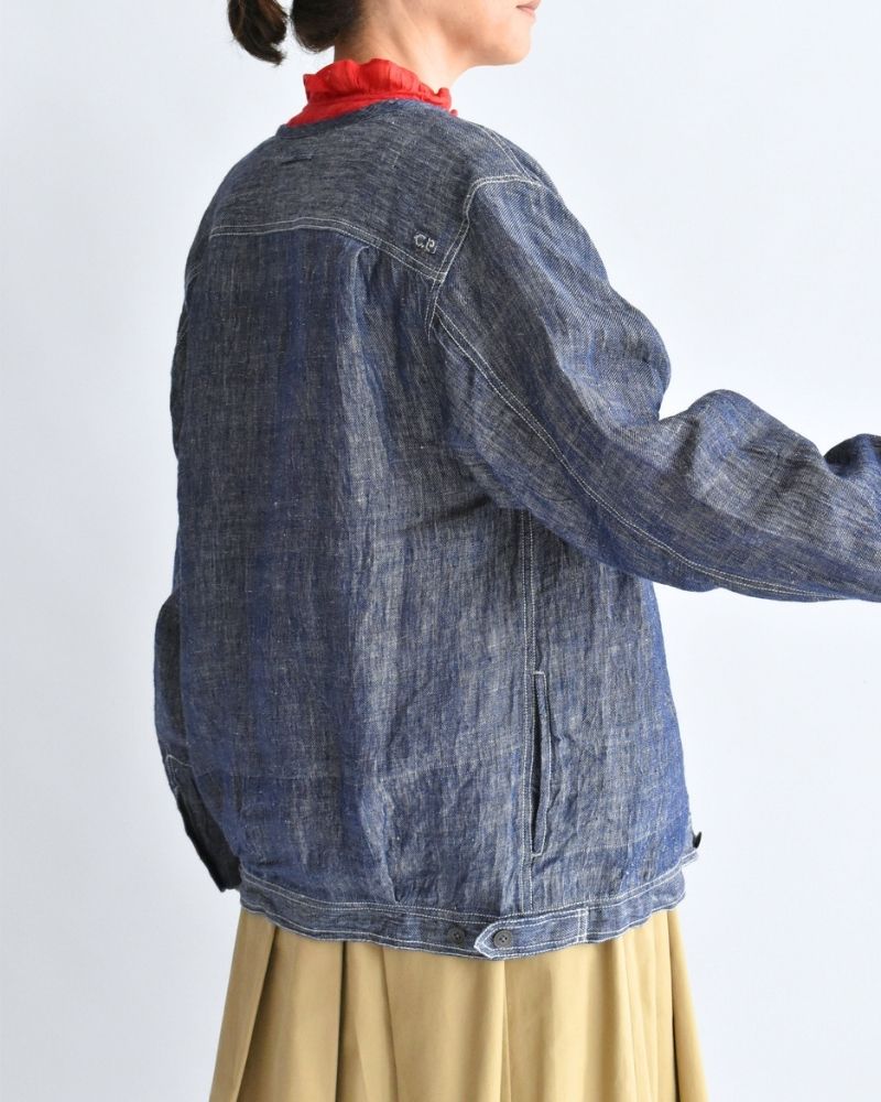 Handwoven Hemp Denim Collarless Jacket in Blue