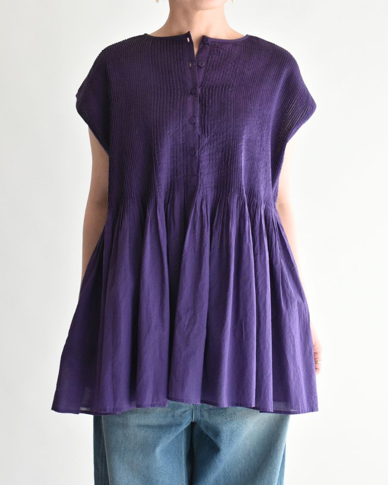 Crew-neck French Sleeve Shirt with Mini Pintuck in Purple