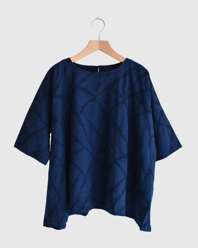 Panel Pullover Blouse (Embroidered) in Navy