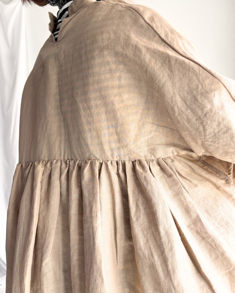 Linen cotton gathered dress in Beige