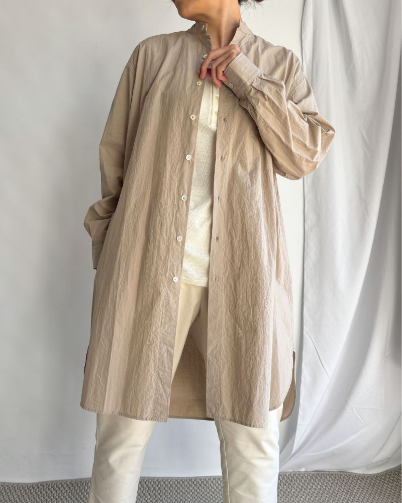 Band Collar Long Shirt in Beige