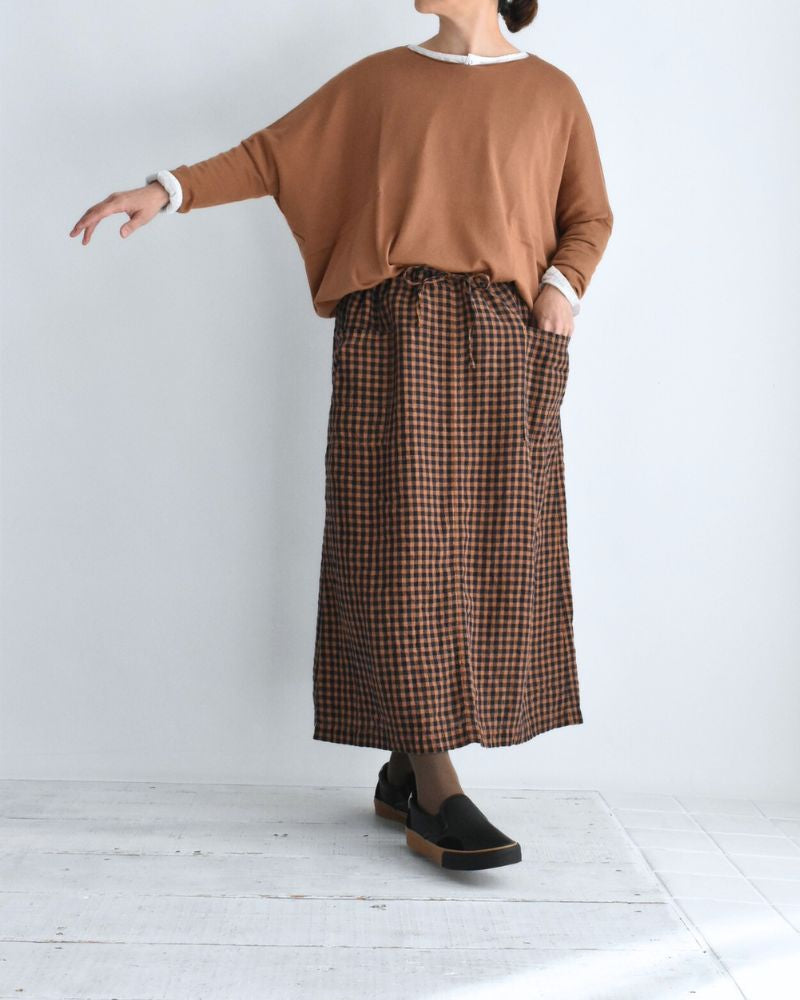 LINEN CHECK OVERDYE EASY SKIRT in Cinnamon