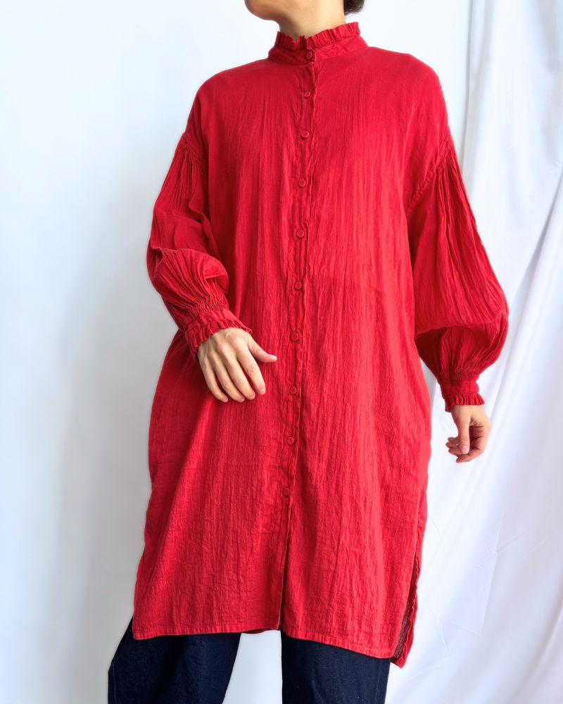 AUTO LOOM COTTON/LINEN PLAIN FRILL COLLAR MAXI SHIRT DRESS WITH MINI PINTUCK in Red