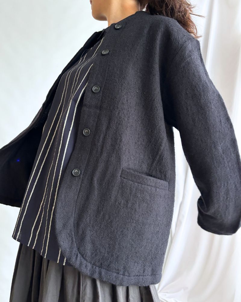 WOOL COTTON STAND COLLAR FLY FRONT JACKET in Navy