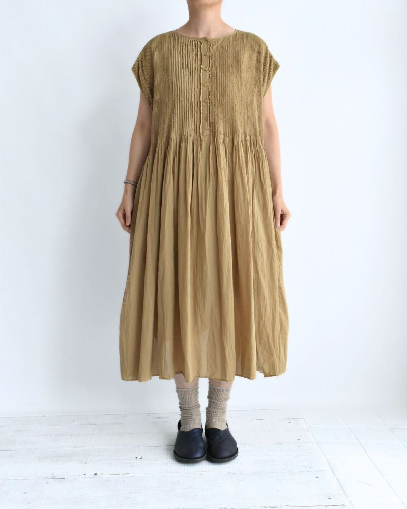Crew-Neck F/SL Dress with Pintuck in GreyKhaki