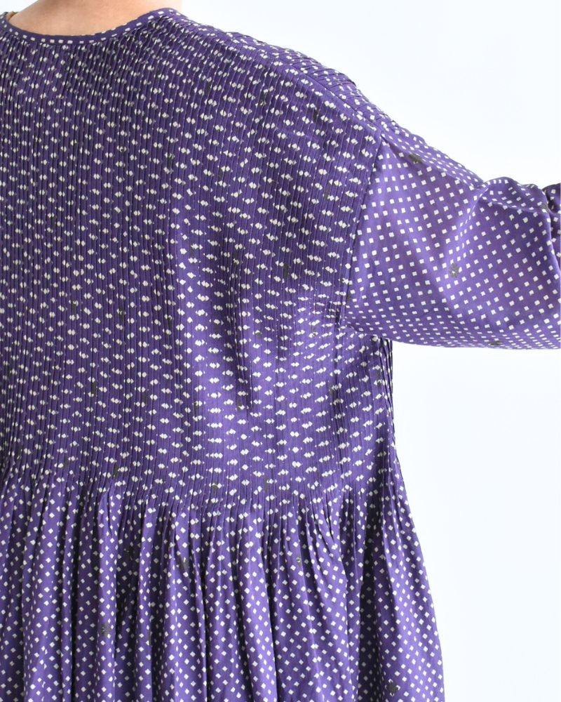 Crew Neck Button Shirts Dress with Mini Pintuck in Purple