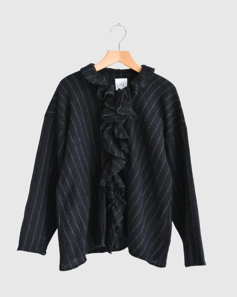 Wool Stripe Frill Trim Blouse in Navy