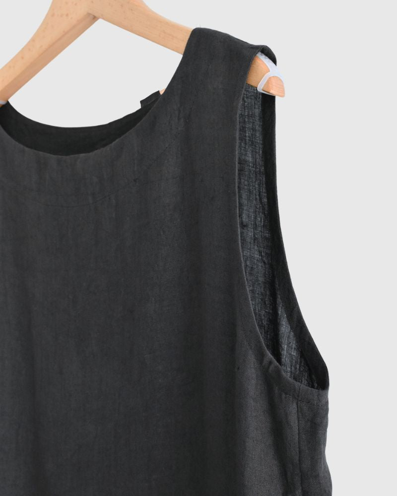 Sleeveless Gathered Dress (LINEN) in Black