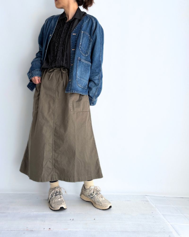 COTTON HERRINGBONE WASH EASY SKIRT in KhakiHerringbone