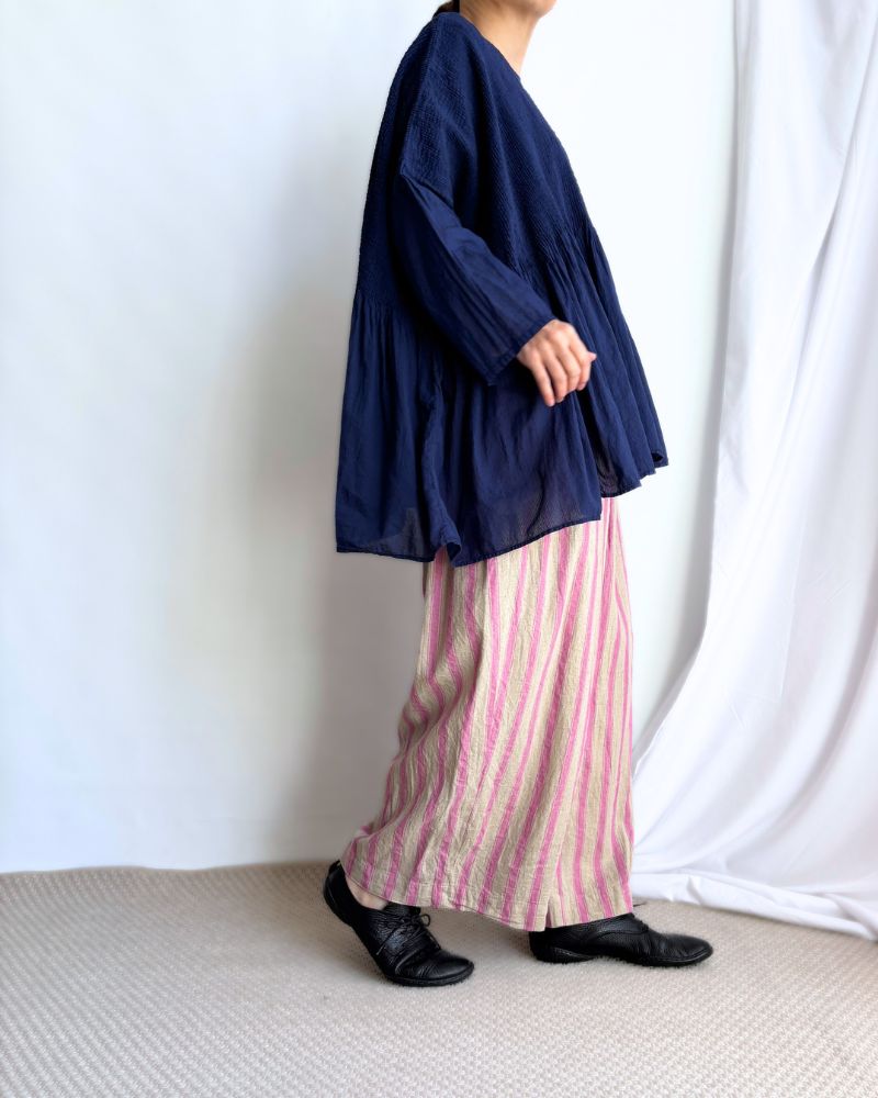 80s ORGANIC STRIPE(OVERDYE) MINI PINTUCK PULLOVER in Navy