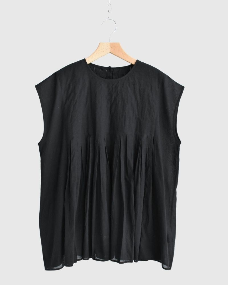 80s ORGANIC VOILE PLAIN CREW-NECK F/SLEEVE SHIRT WITH INVERTED PLEAT in Black