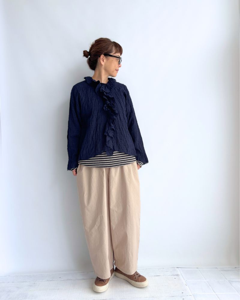 Check Frill Trim Blouse in NavyCheck