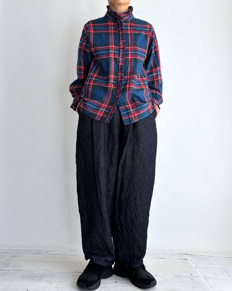 Indigo Tartan Frill Blouse in Blue