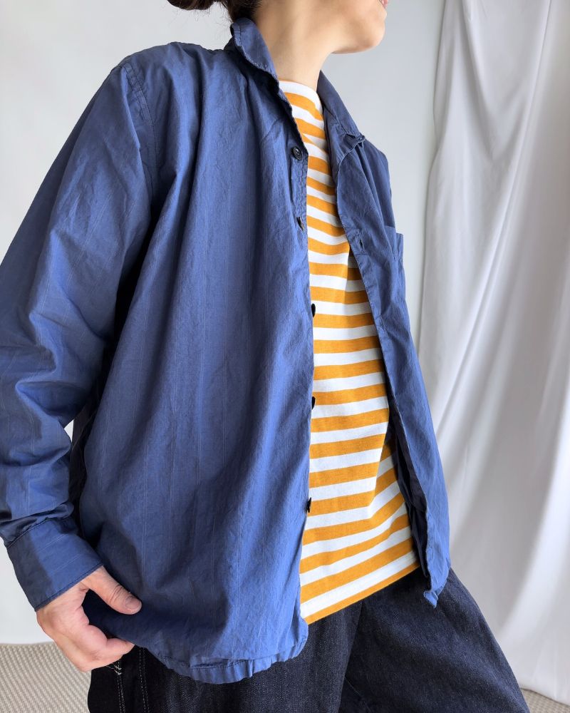 COTTON STRIPE OVERDYE ONE-UP COLLAR SHIRT in Blue