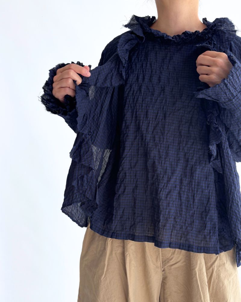 Check Neck Frill Box Pullover in NavyCheck