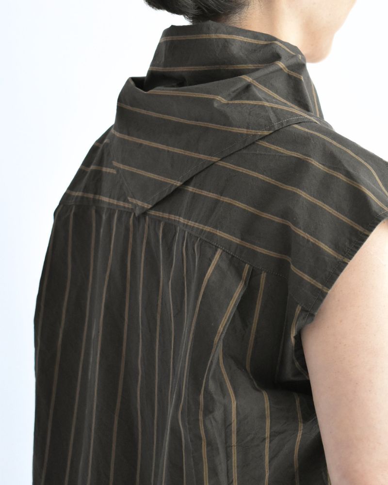 SMILE-W French sleeve blouse with scarf in BrownStripe