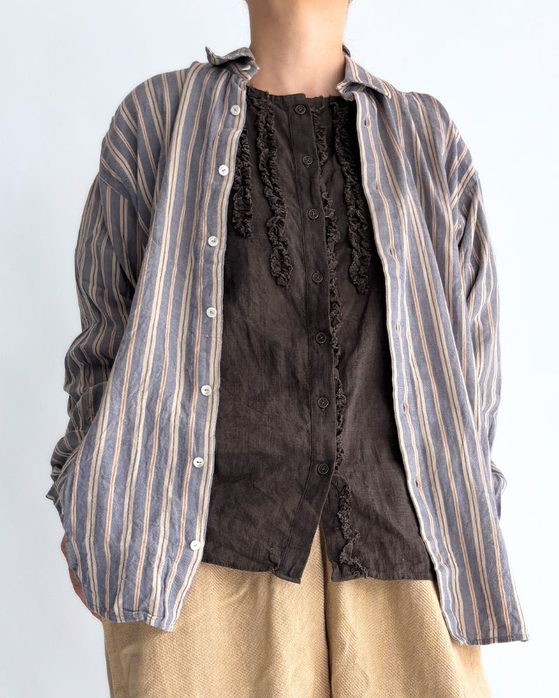 Hand Span Cotton Linen Ruffle Blouse in DarkBrown