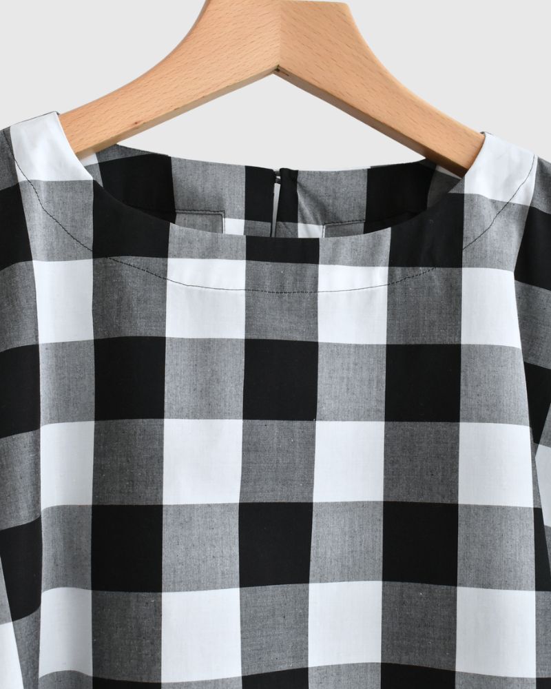 Block Check Panel T-Blouse in White/Black