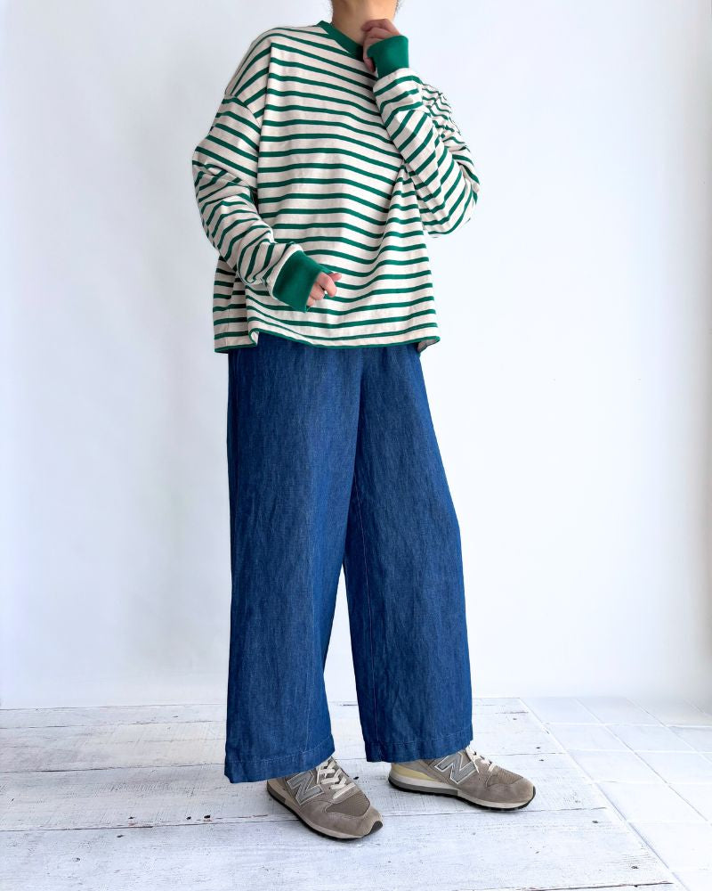 COTTON/LINEN DENIM EASY WIDE PANTS Blue