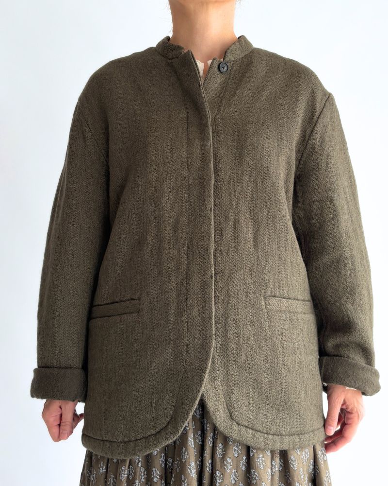 STAND COLLAR FLY FRONT JACKET in Olive