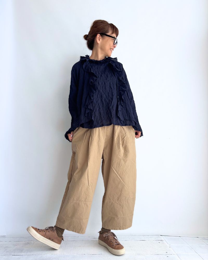 Check Neck Frill Box Pullover in NavyCheck