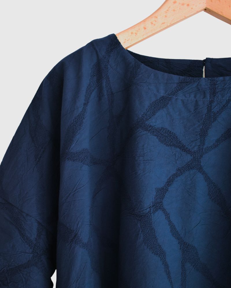 Panel Pullover Blouse (Embroidered) in Navy
