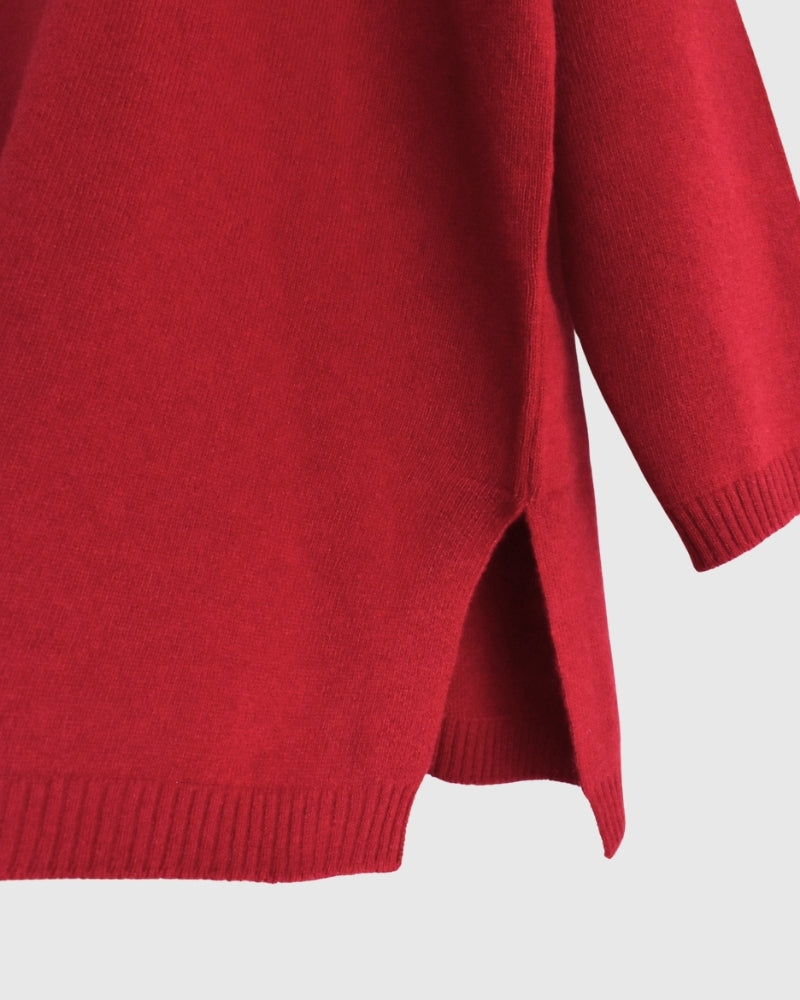 12GG Plain Stitch Drop Shoulder Polo Neck with Slit in Red