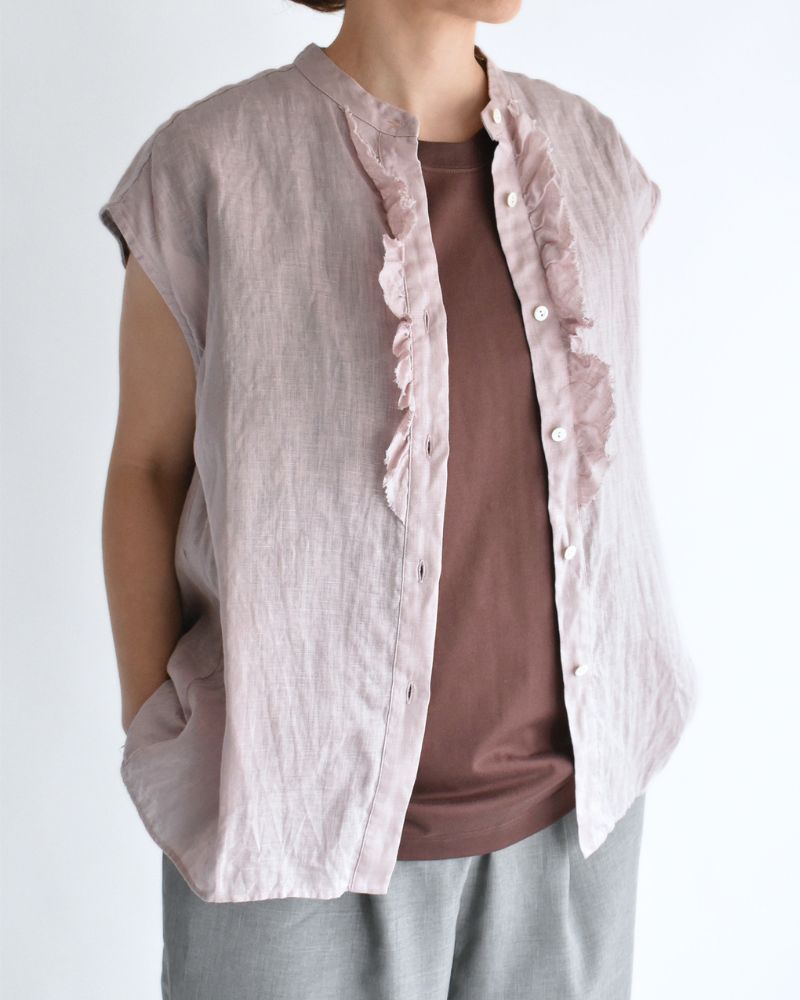 Linen Frill Sleeveless Blouse in Ash Pink