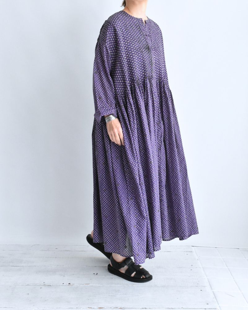 Crew Neck Button Shirts Dress with Mini Pintuck in Purple