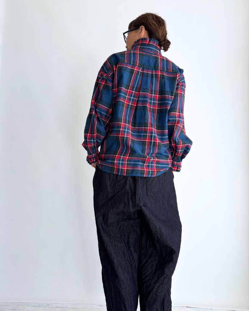 Indigo Tartan Frill Blouse in Blue