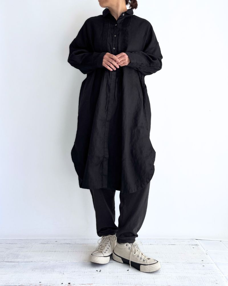 Linen Tuck Shirt Dress in Black