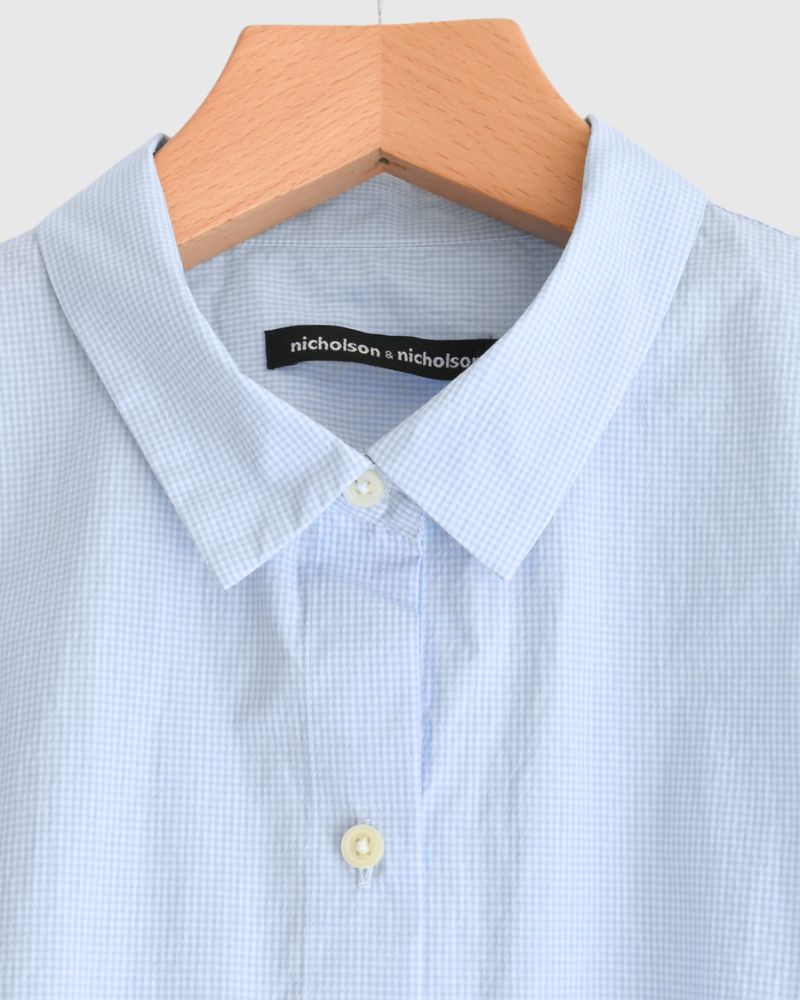 TENDER-W Back Gather French Sleeve Blouse in SaxCheck