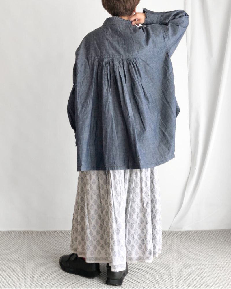 5oz Cotton Linen Slub Denim Long Shirt in Indigo