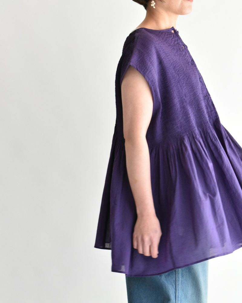 Crew-neck French Sleeve Shirt with Mini Pintuck in Purple