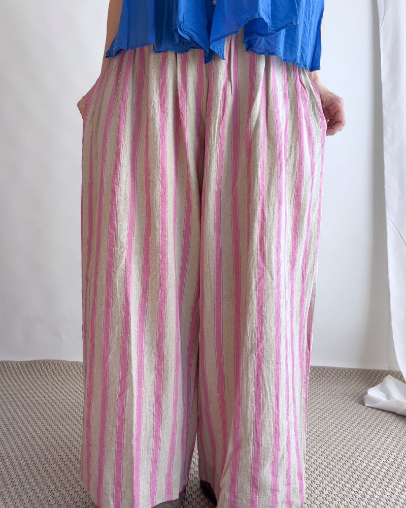 Linen Cotton Stripe Pants in Pink/Natural