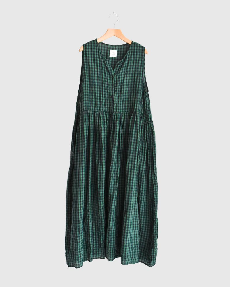 Block Check Sleeveless Gathered Dress in Green