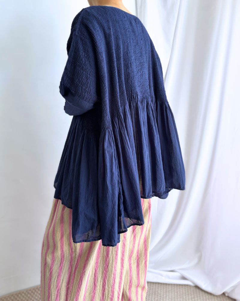 80s ORGANIC STRIPE(OVERDYE) MINI PINTUCK PULLOVER in Navy