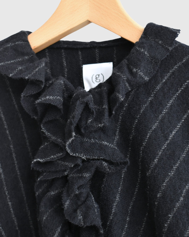 Wool Stripe Frill Trim Blouse in Navy
