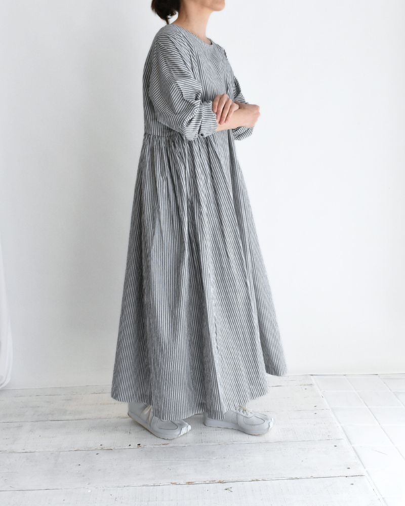 Gathered Dress in Stripe-B