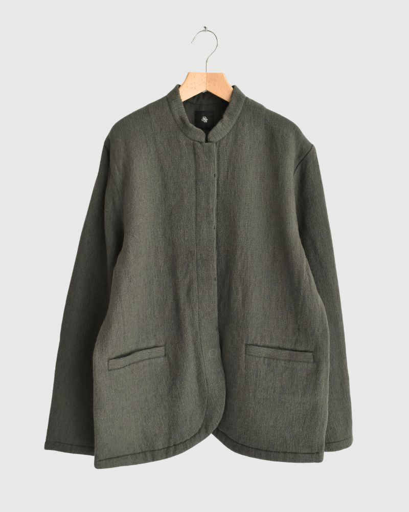 STAND COLLAR FLY FRONT JACKET in Olive
