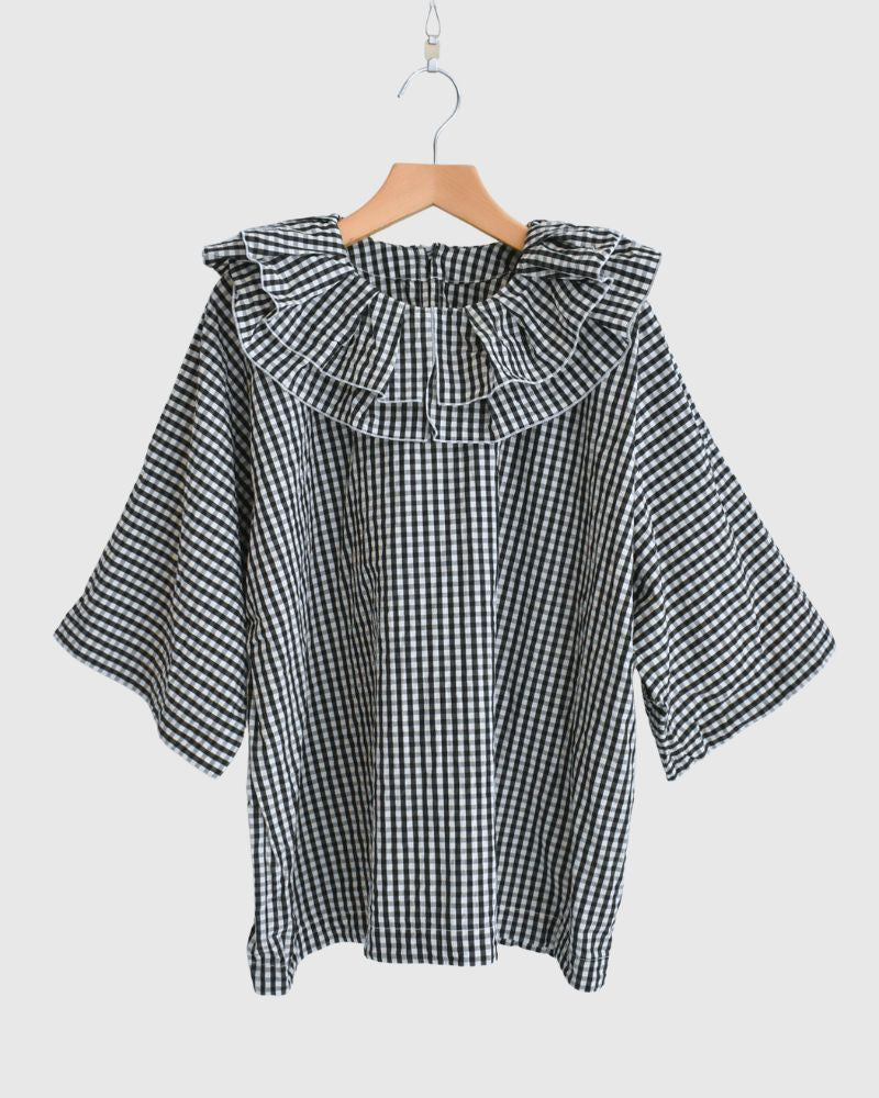 Tuck Frill Pullover in Black/Ecru Check