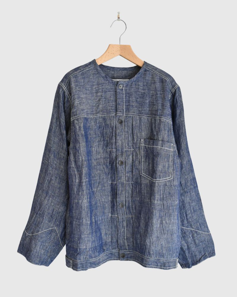 Handwoven Hemp Denim Collarless Jacket in Blue