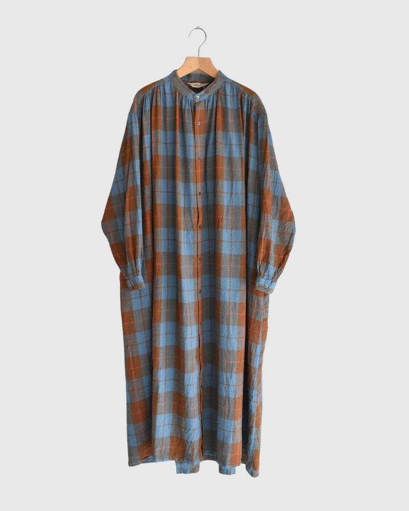 Linen Cotton Check Dress in Blue