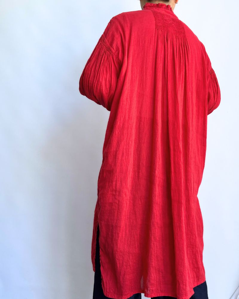 AUTO LOOM COTTON/LINEN PLAIN FRILL COLLAR MAXI SHIRT DRESS WITH MINI PINTUCK in Red