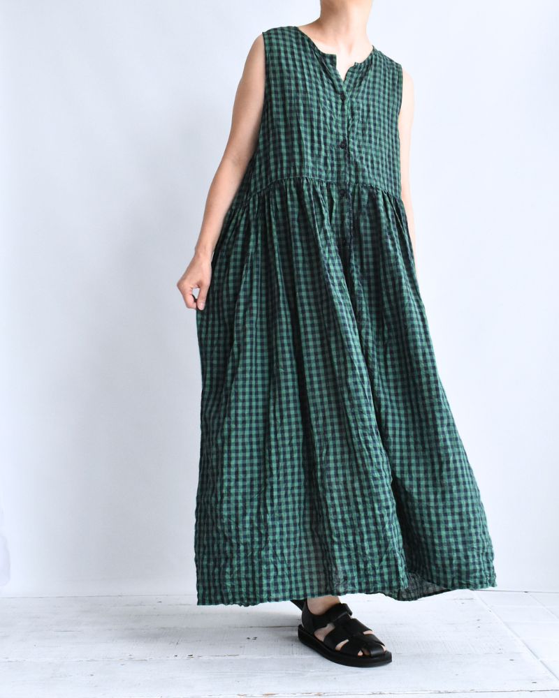 Block Check Sleeveless Gathered Dress in Green