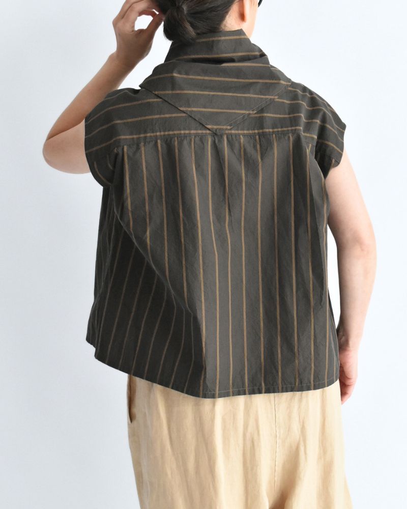 SMILE-W French sleeve blouse with scarf in BrownStripe